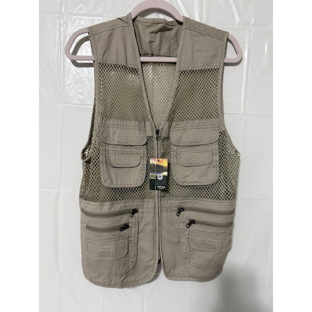 KIPPAUL Mesh Fishing Vest Khaki Tan Multi Pocket Zip Hiking Photography Medium
